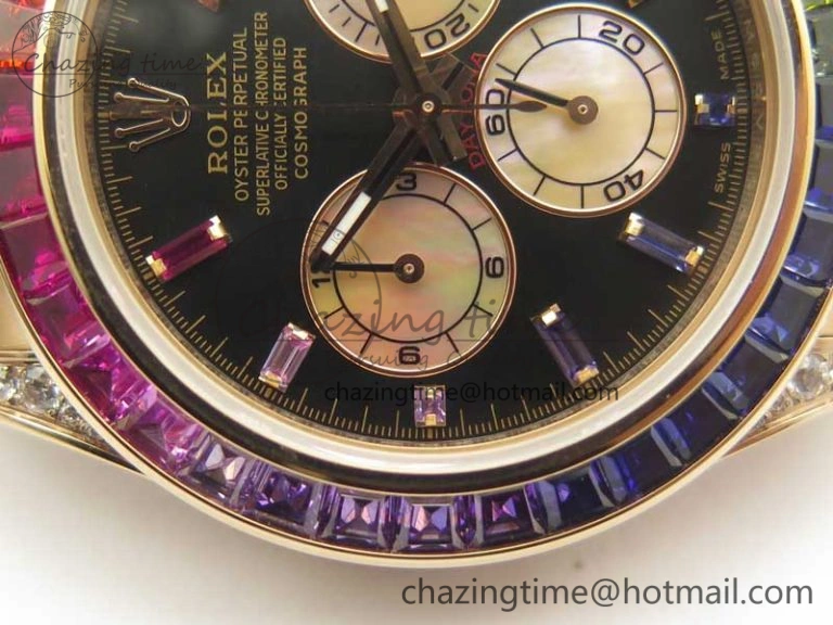 SmartChoice Daytona 116595RBOW Rainbow Crystal BP Maker Black Dial on RG Bracelet A 3428