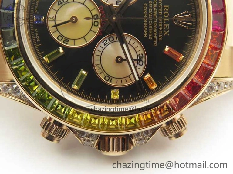 SmartChoice Daytona 116595RBOW Rainbow Crystal BP Maker Black Dial on RG Bracelet A 3428