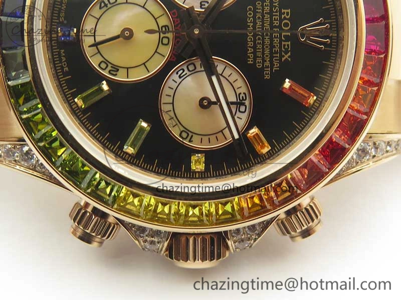 SmartChoice Daytona 116595RBOW Rainbow Crystal BP Maker Black Dial on RG Bracelet A 3428