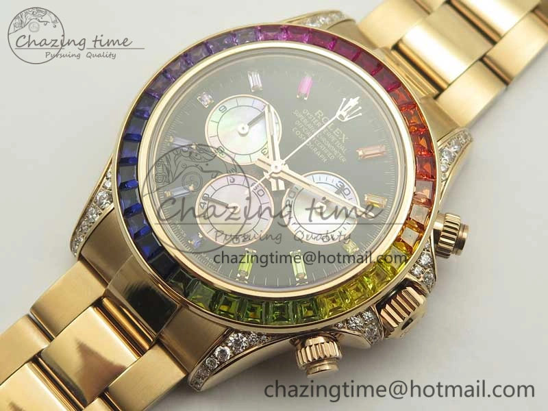 SmartChoice Daytona 116595RBOW Rainbow Crystal BP Maker Black Dial on RG Bracelet A 3428