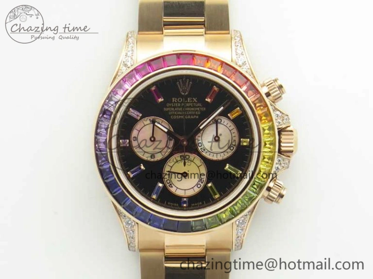 SmartChoice Daytona 116595RBOW Rainbow Crystal BP Maker Black Dial on RG Bracelet A 3428