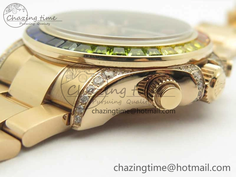 SmartChoice Daytona 116595RBOW Rainbow Crystal BP Maker Black Dial on RG Bracelet A 3428