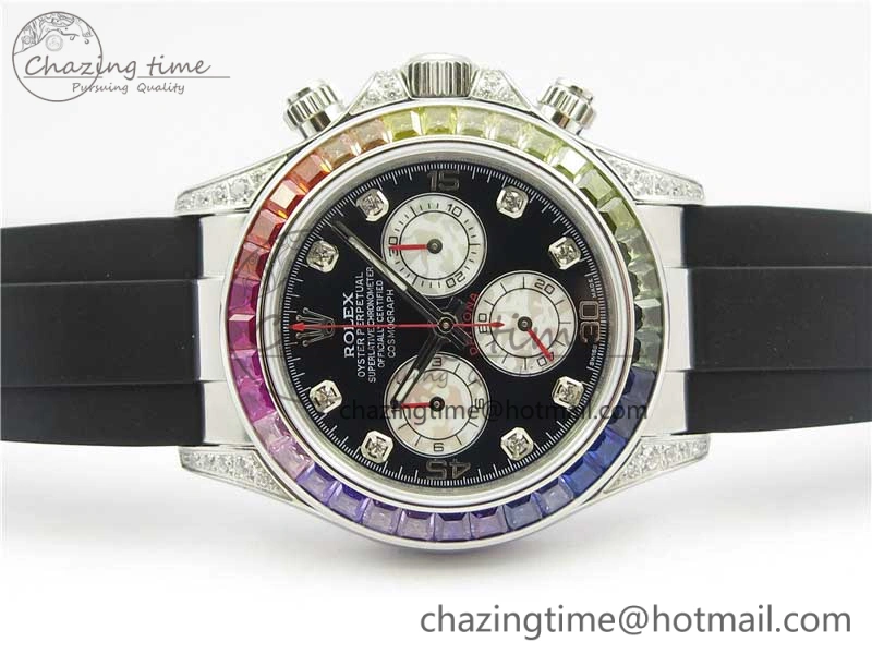 Upgraded Daytona 116599RBOW SS Rainbow Crystal BLF Best Edition Black Dial on Rubber Strap A 3237