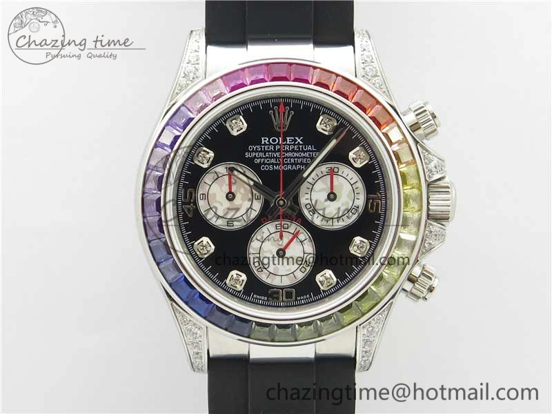 Upgraded Daytona 116599RBOW SS Rainbow Crystal BLF Best Edition Black Dial on Rubber Strap A 3237