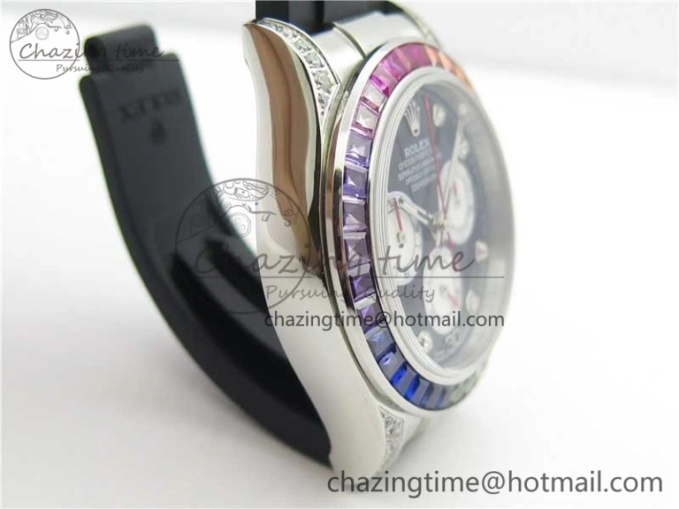 Upgraded Daytona 116599RBOW SS Rainbow Crystal BLF Best Edition Black Dial on Rubber Strap A 3237