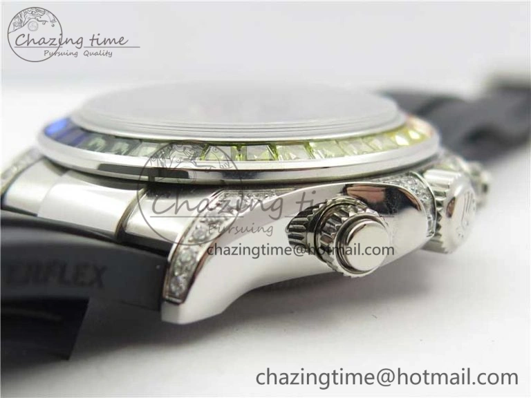 Upgraded Daytona 116599RBOW SS Rainbow Crystal BLF Best Edition Black Dial on Rubber Strap A 3237