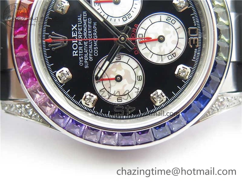 Upgraded Daytona 116599RBOW SS Rainbow Crystal BLF Best Edition Black Dial on Rubber Strap A 3237