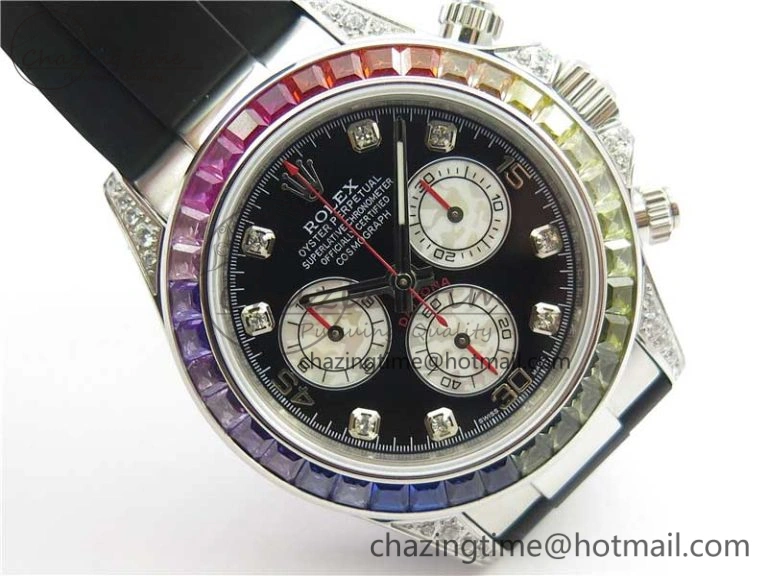 Upgraded Daytona 116599RBOW SS Rainbow Crystal BLF Best Edition Black Dial on Rubber Strap A 3237