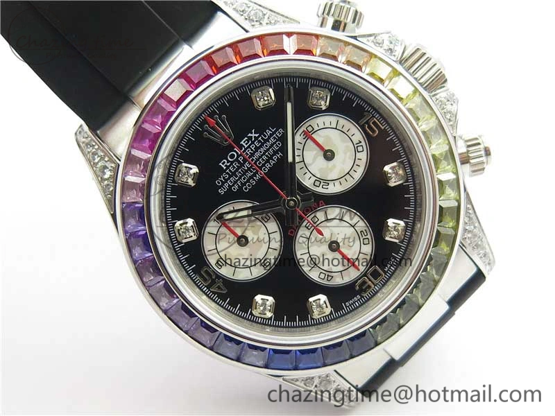 Upgraded Daytona 116599RBOW SS Rainbow Crystal BLF Best Edition Black Dial on Rubber Strap A 3237