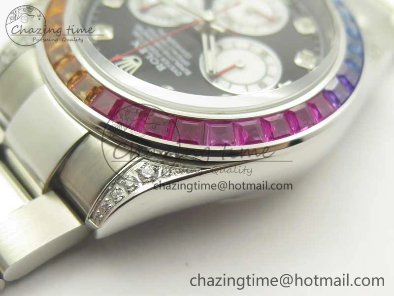 UrbanChic Daytona 116599RBOW SS Rainbow Crystal BLF Best Edition Black Dial on SS Bracelet A 3354