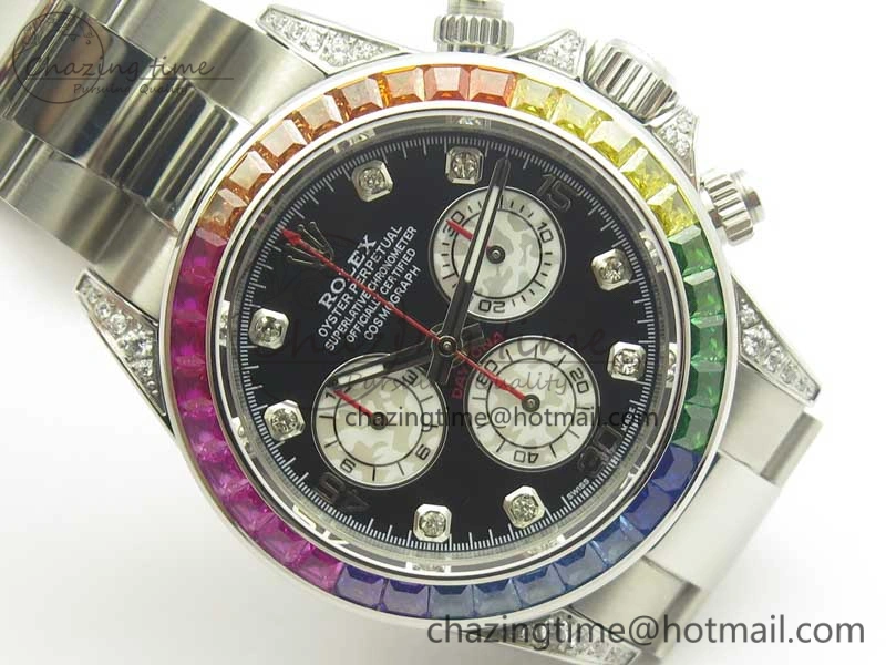 UrbanChic Daytona 116599RBOW SS Rainbow Crystal BLF Best Edition Black Dial on SS Bracelet A 3354
