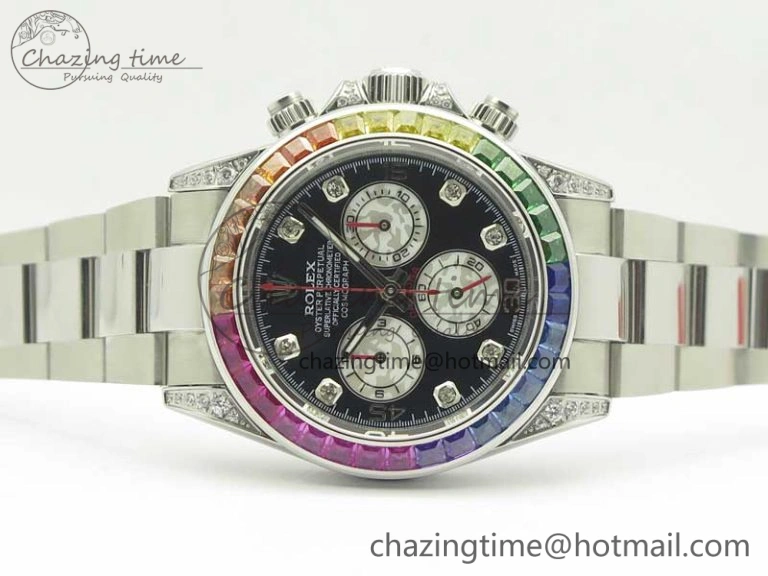 UrbanChic Daytona 116599RBOW SS Rainbow Crystal BLF Best Edition Black Dial on SS Bracelet A 3354