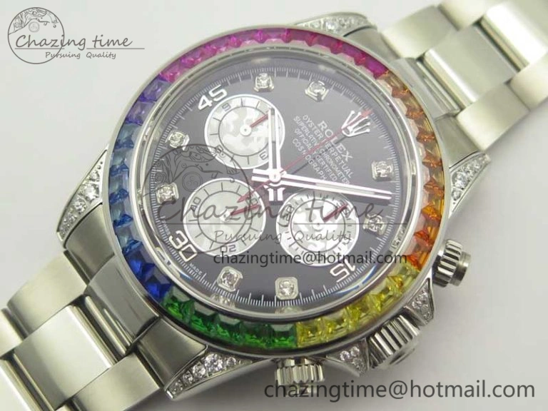 UrbanChic Daytona 116599RBOW SS Rainbow Crystal BLF Best Edition Black Dial on SS Bracelet A 3354
