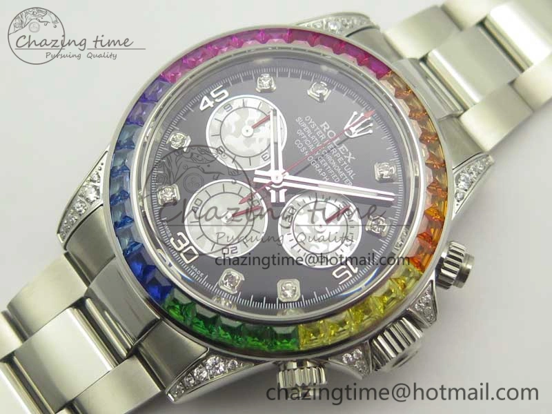 UrbanChic Daytona 116599RBOW SS Rainbow Crystal BLF Best Edition Black Dial on SS Bracelet A 3354