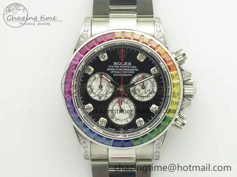 UrbanChic Daytona 116599RBOW SS Rainbow Crystal BLF Best Edition Black Dial on SS Bracelet A 3354