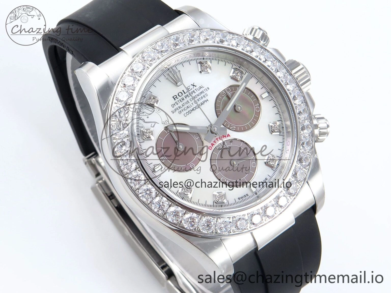Daytona 126589RBR EWEF 1:1 Best Edition 904L Steel White MOP Dial Diamonds Bezel on Black Rubber Strap SH Stylish 467