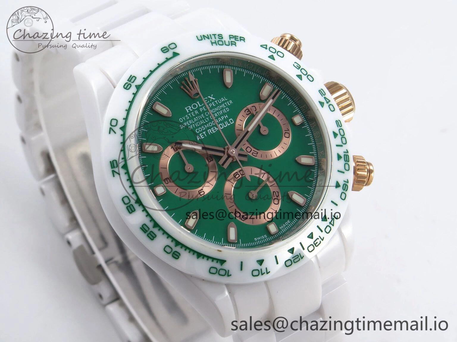 QuickDry Daytona AET White Ceramic Case and Bracelet Green Dial N6F Best Edition SA 1193