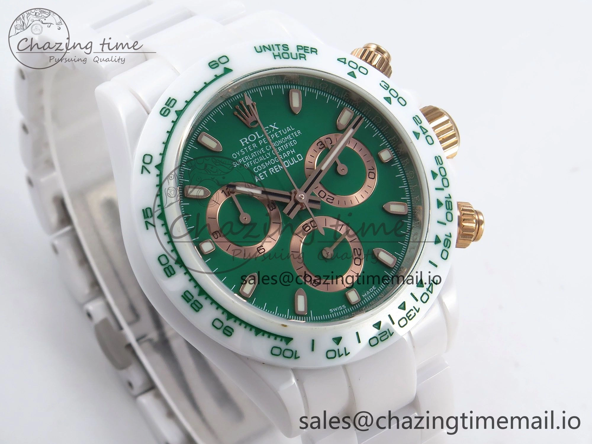 QuickDry Daytona AET White Ceramic Case and Bracelet Green Dial N6F Best Edition SA 1193