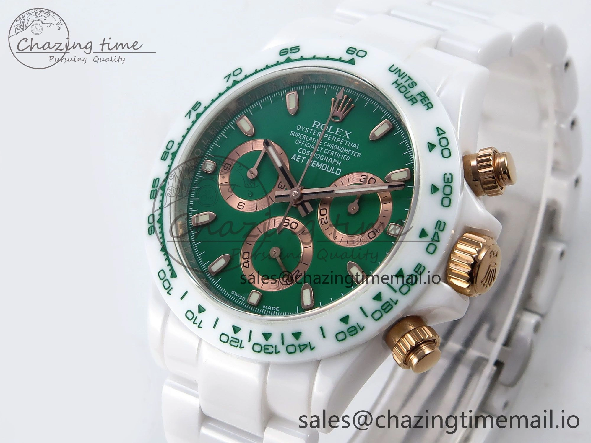QuickDry Daytona AET White Ceramic Case and Bracelet Green Dial N6F Best Edition SA 1193
