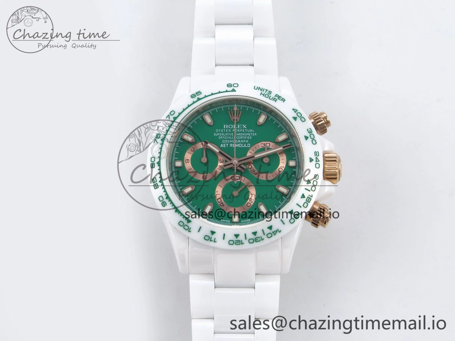 QuickDry Daytona AET White Ceramic Case and Bracelet Green Dial N6F Best Edition SA 1193