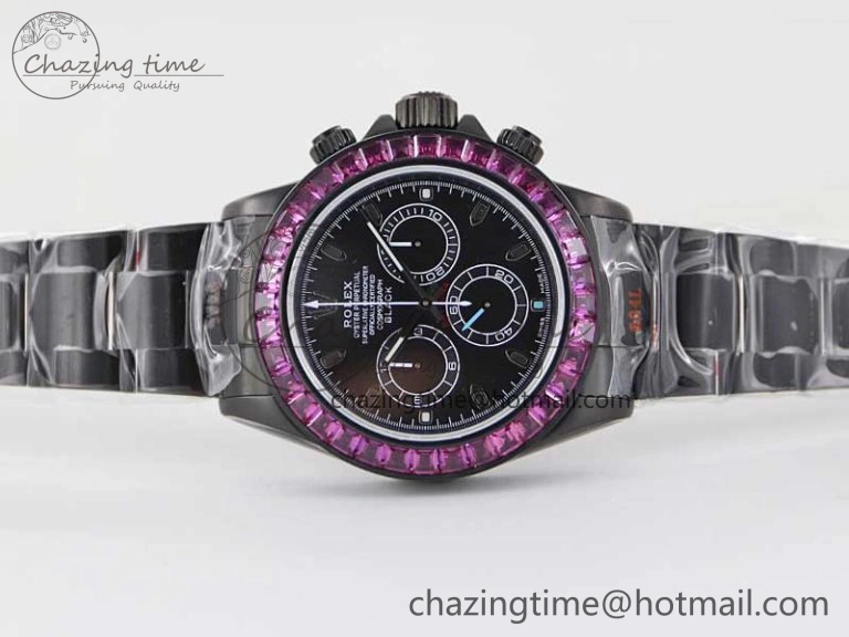 Practical Daytona All Black PVD TWF Best Edition Purple Diamonds Bezel Black Dial on PVD Bracelet SA 2446
