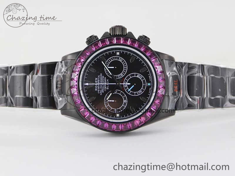 Practical Daytona All Black PVD TWF Best Edition Purple Diamonds Bezel Black Dial on PVD Bracelet SA 2446