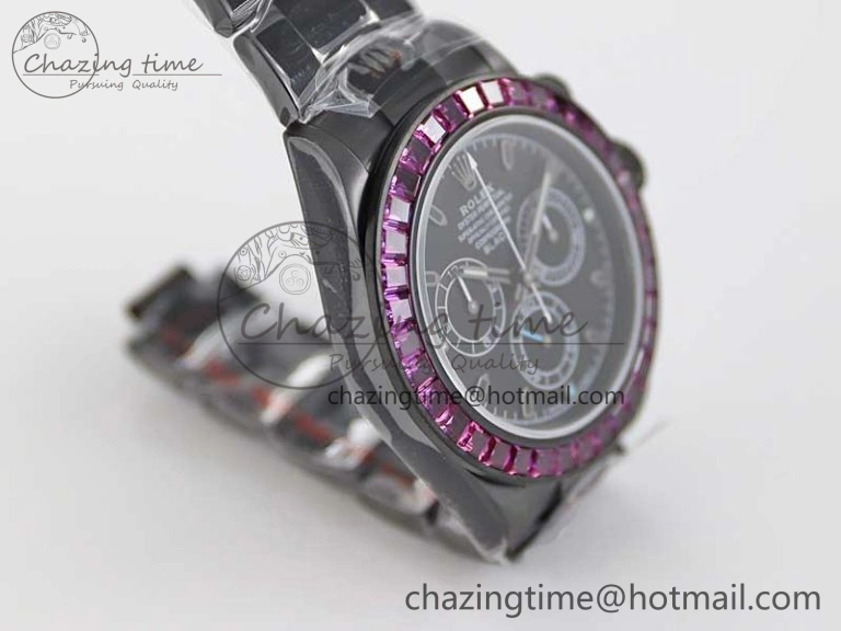 Practical Daytona All Black PVD TWF Best Edition Purple Diamonds Bezel Black Dial on PVD Bracelet SA 2446