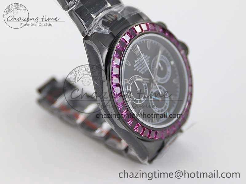 Practical Daytona All Black PVD TWF Best Edition Purple Diamonds Bezel Black Dial on PVD Bracelet SA 2446