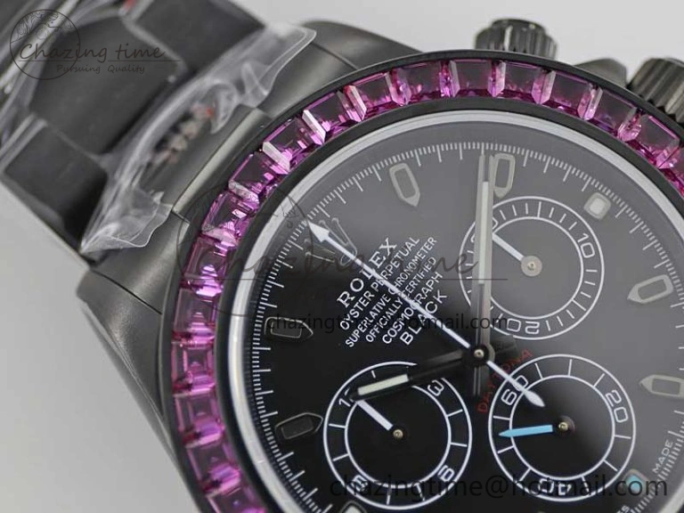 Practical Daytona All Black PVD TWF Best Edition Purple Diamonds Bezel Black Dial on PVD Bracelet SA 2446