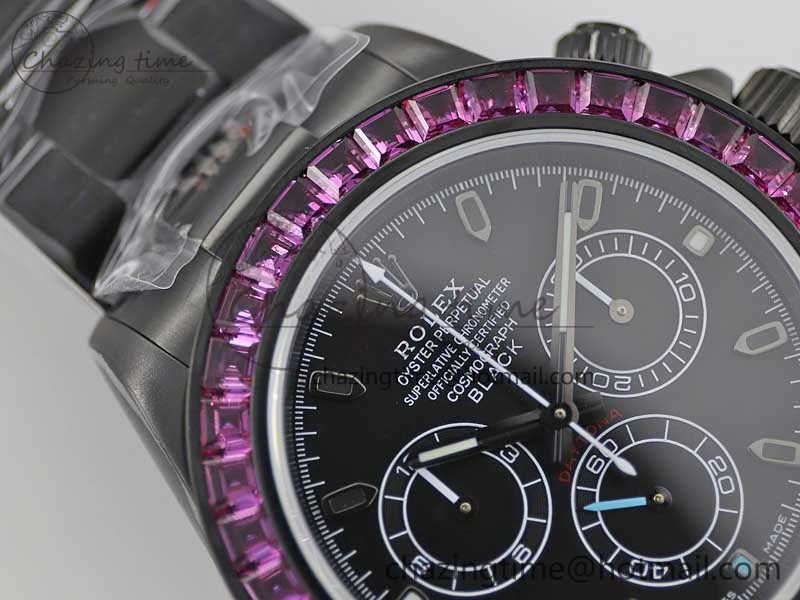 Practical Daytona All Black PVD TWF Best Edition Purple Diamonds Bezel Black Dial on PVD Bracelet SA 2446