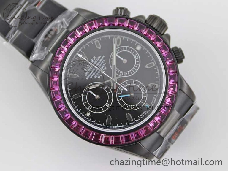 Practical Daytona All Black PVD TWF Best Edition Purple Diamonds Bezel Black Dial on PVD Bracelet SA 2446