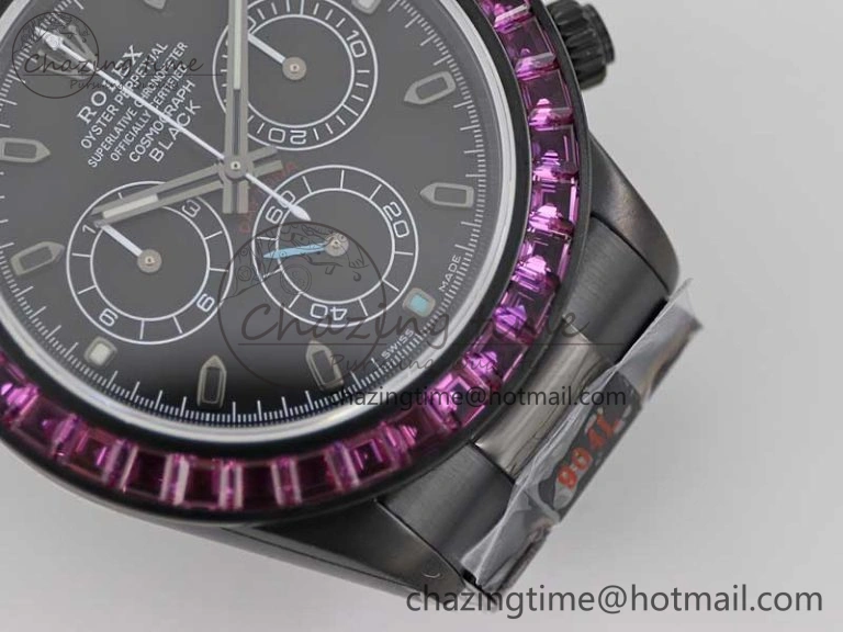 Practical Daytona All Black PVD TWF Best Edition Purple Diamonds Bezel Black Dial on PVD Bracelet SA 2446
