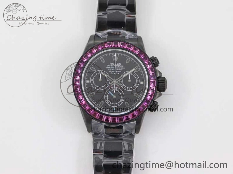 Practical Daytona All Black PVD TWF Best Edition Purple Diamonds Bezel Black Dial on PVD Bracelet SA 2446