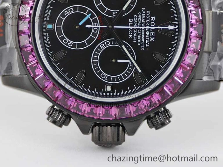 Practical Daytona All Black PVD TWF Best Edition Purple Diamonds Bezel Black Dial on PVD Bracelet SA 2446