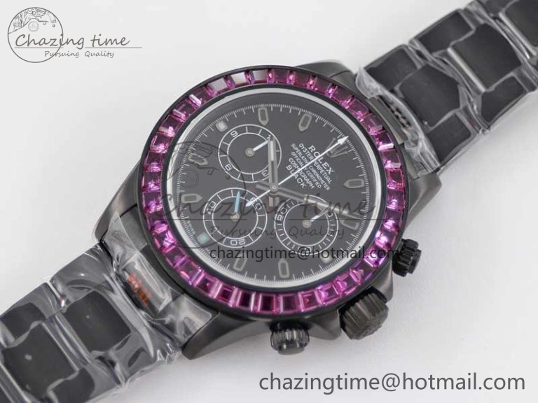 Practical Daytona All Black PVD TWF Best Edition Purple Diamonds Bezel Black Dial on PVD Bracelet SA 2446