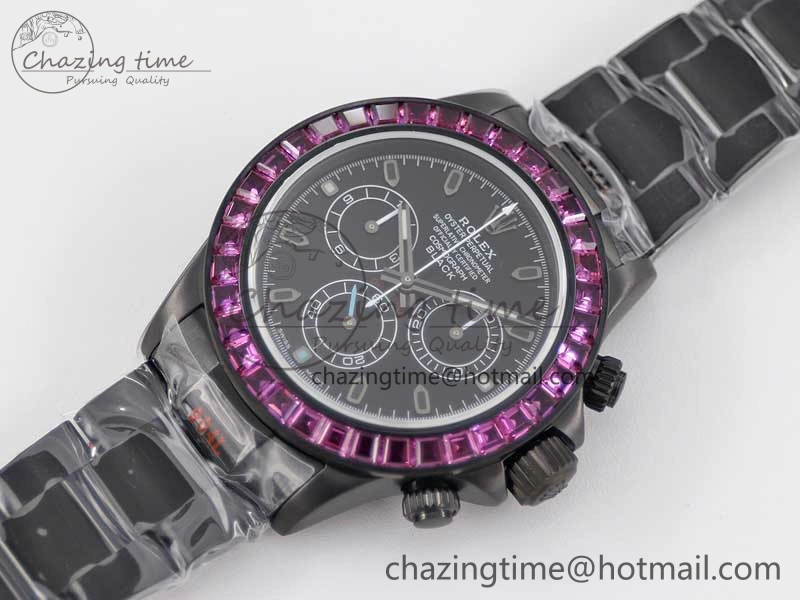 Practical Daytona All Black PVD TWF Best Edition Purple Diamonds Bezel Black Dial on PVD Bracelet SA 2446