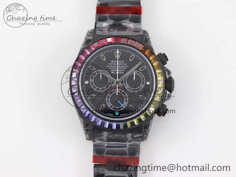 Daytona All Black PVD TWF Best Edition Rainbow Diamonds Bezel Black Dial on PVD Bracelet A Chic 2449