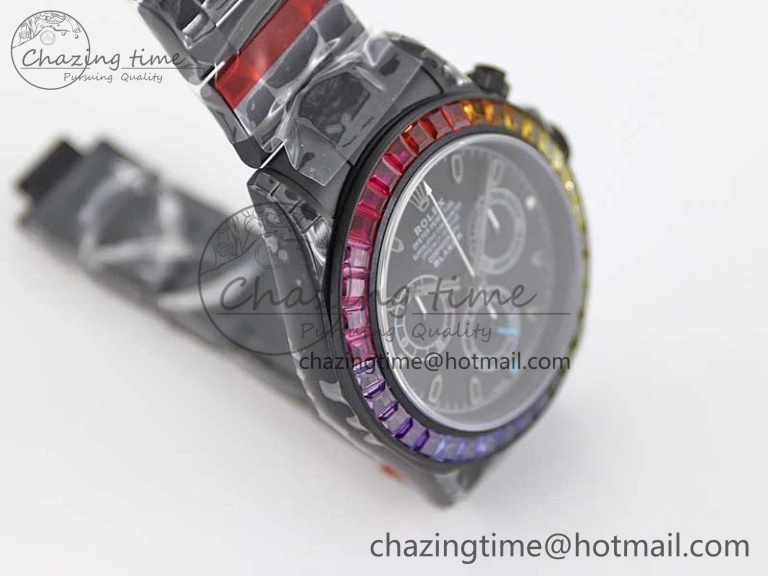 Daytona All Black PVD TWF Best Edition Rainbow Diamonds Bezel Black Dial on PVD Bracelet A Chic 2449