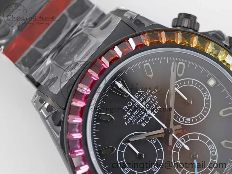 Daytona All Black PVD TWF Best Edition Rainbow Diamonds Bezel Black Dial on PVD Bracelet A Chic 2449