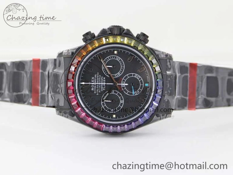 Daytona All Black PVD TWF Best Edition Rainbow Diamonds Bezel Black Dial on PVD Bracelet A Chic 2449
