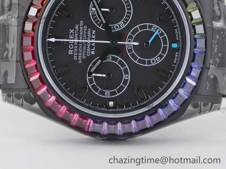 Daytona All Black PVD TWF Best Edition Rainbow Diamonds Bezel Black Dial on PVD Bracelet A Chic 2449