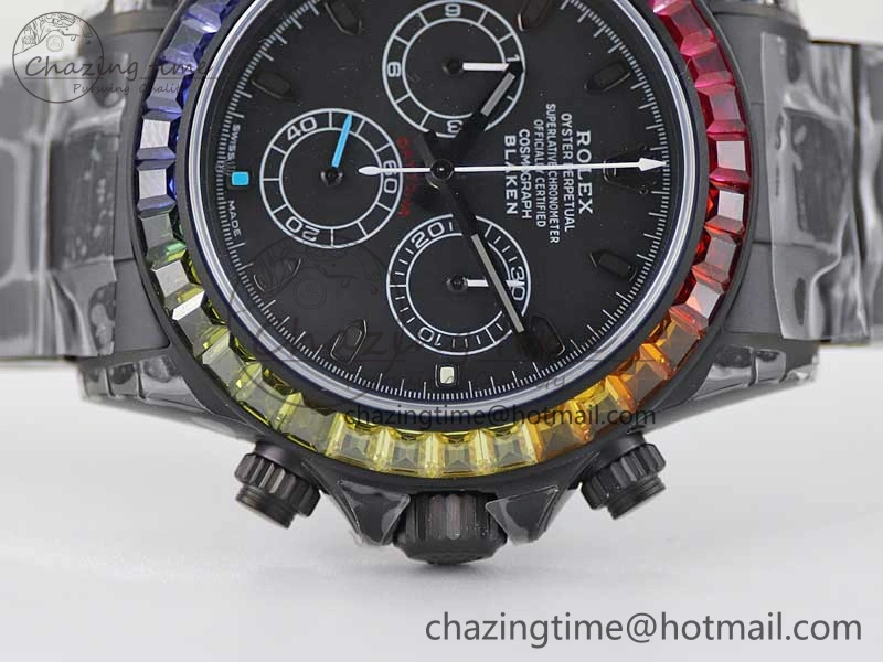 Daytona All Black PVD TWF Best Edition Rainbow Diamonds Bezel Black Dial on PVD Bracelet A Chic 2449