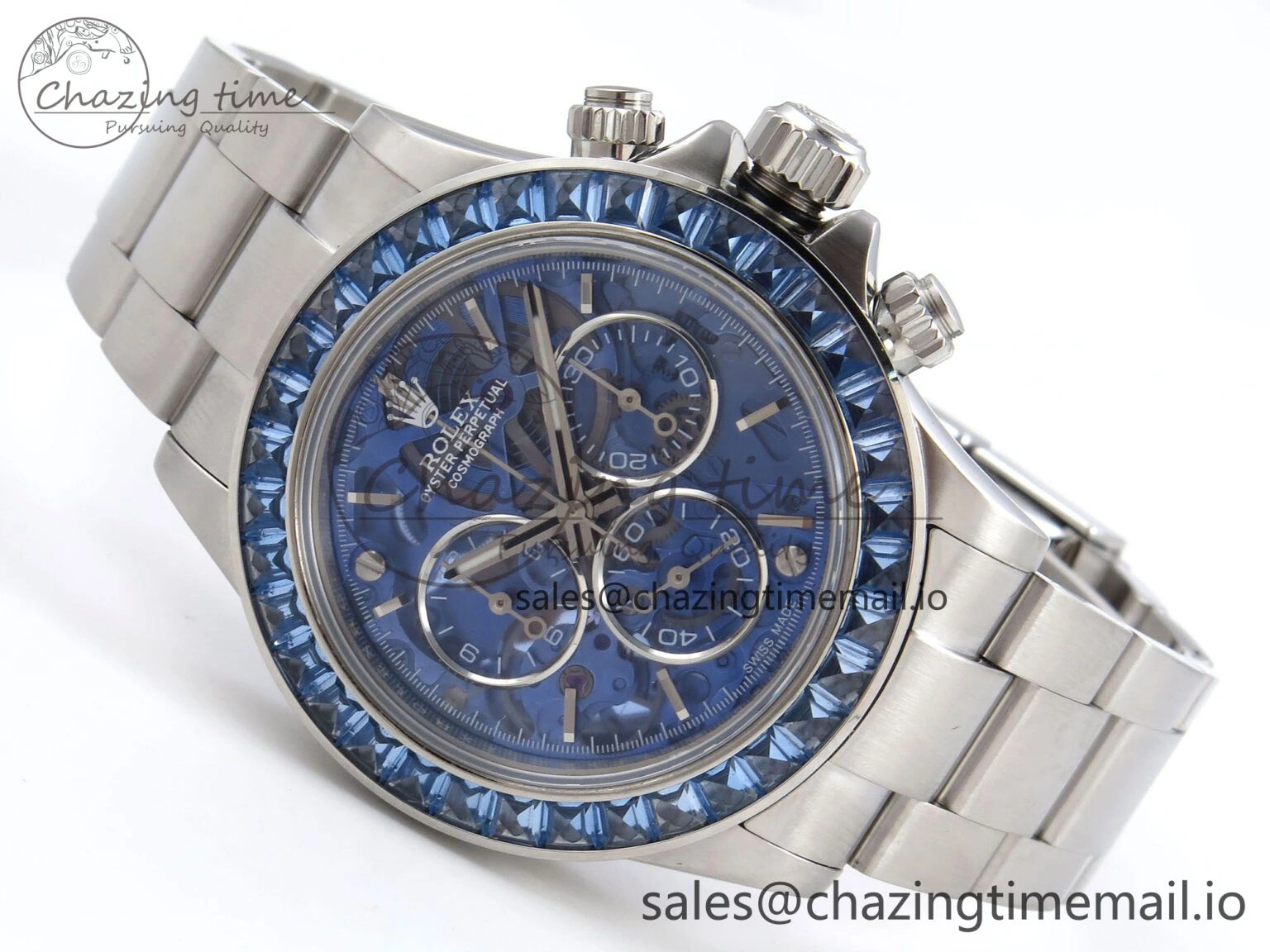 Minimalist Daytona Arolla N6F Glacial Blue Crystal Skeleton Dial Diamonds Bezel Best Edition on Oyster Bracelet SA 1176