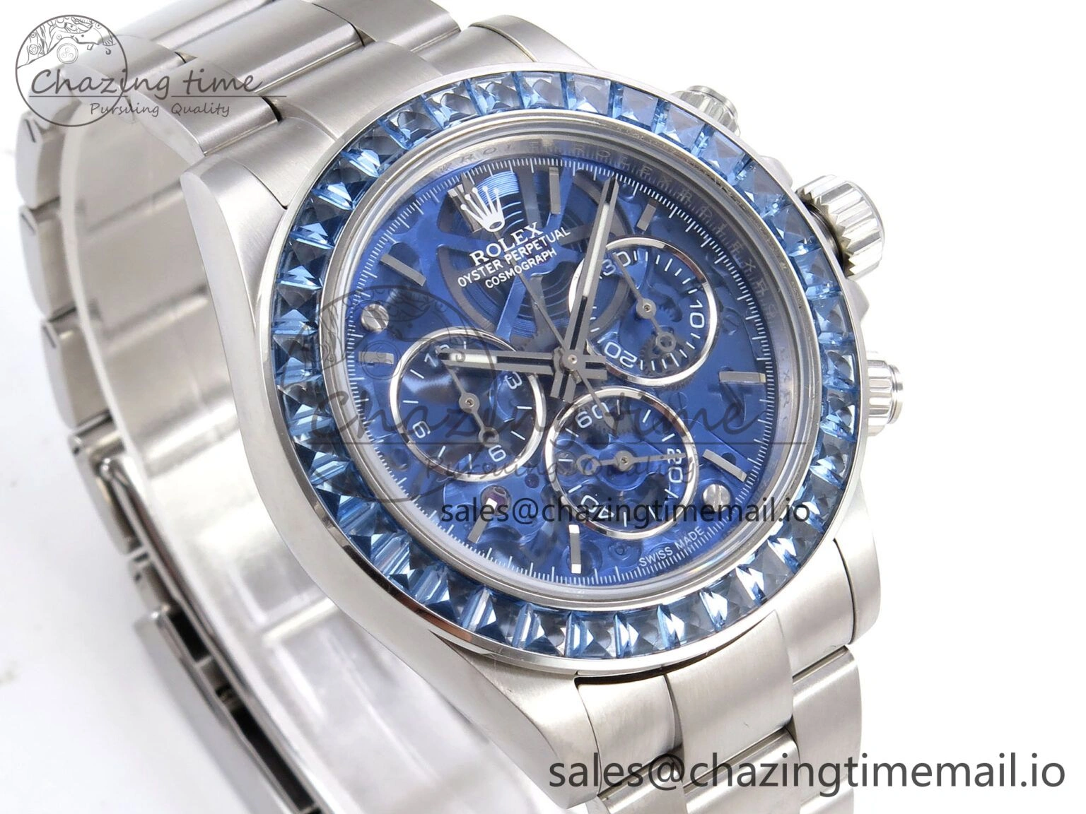Minimalist Daytona Arolla N6F Glacial Blue Crystal Skeleton Dial Diamonds Bezel Best Edition on Oyster Bracelet SA 1176