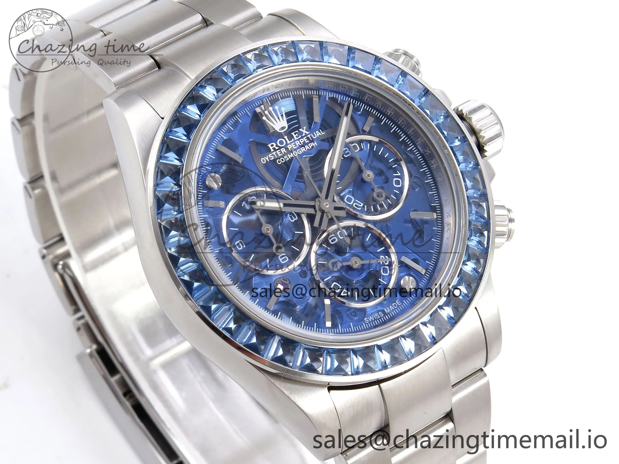 Minimalist Daytona Arolla N6F Glacial Blue Crystal Skeleton Dial Diamonds Bezel Best Edition on Oyster Bracelet SA 1176