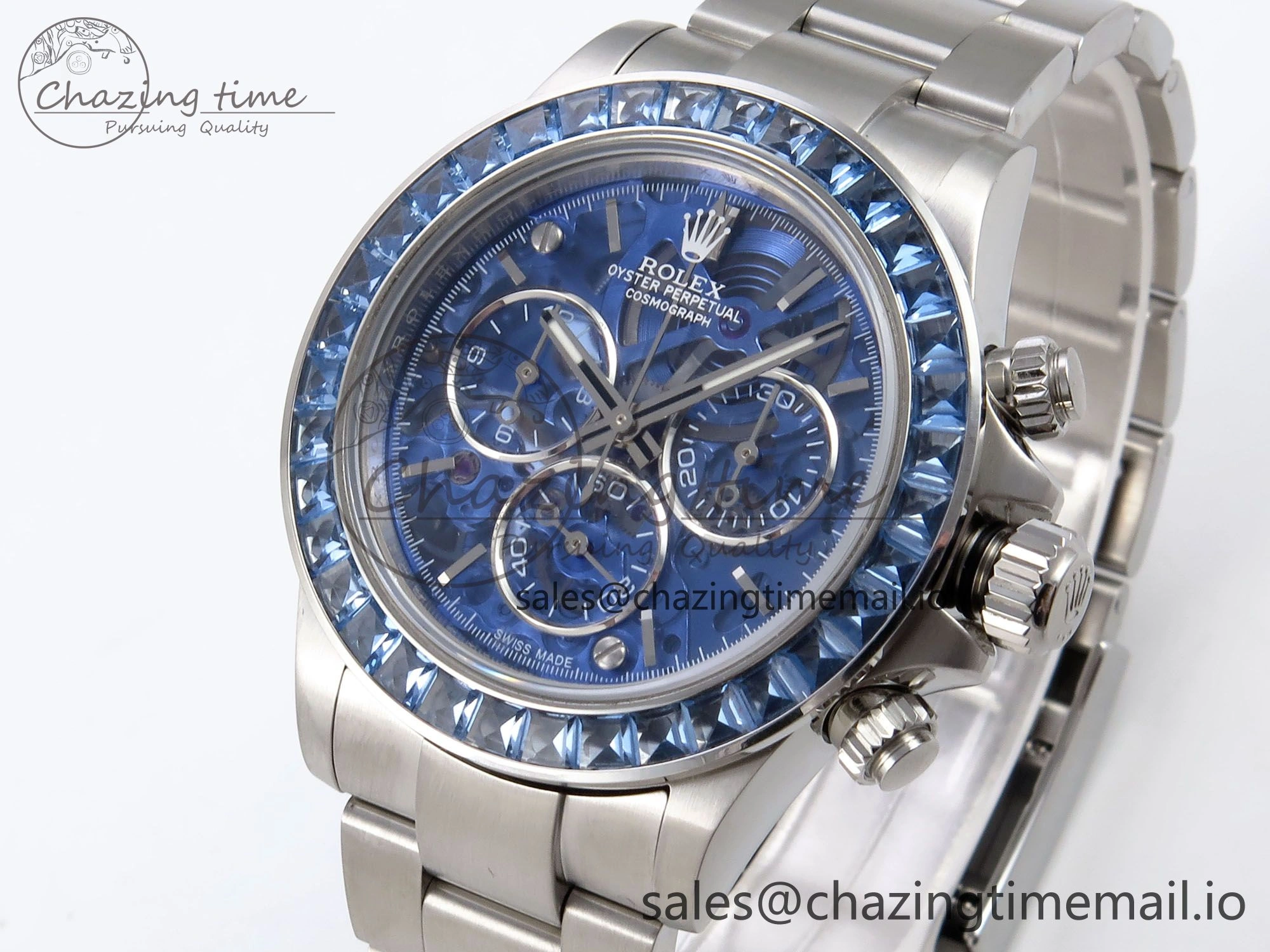 Minimalist Daytona Arolla N6F Glacial Blue Crystal Skeleton Dial Diamonds Bezel Best Edition on Oyster Bracelet SA 1176