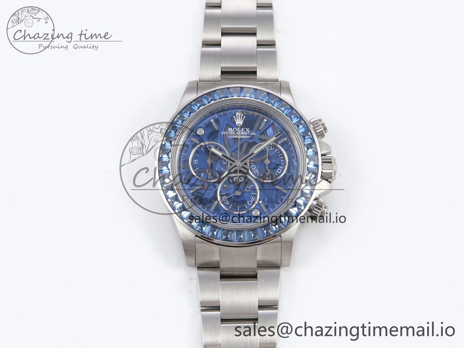 Minimalist Daytona Arolla N6F Glacial Blue Crystal Skeleton Dial Diamonds Bezel Best Edition on Oyster Bracelet SA 1176