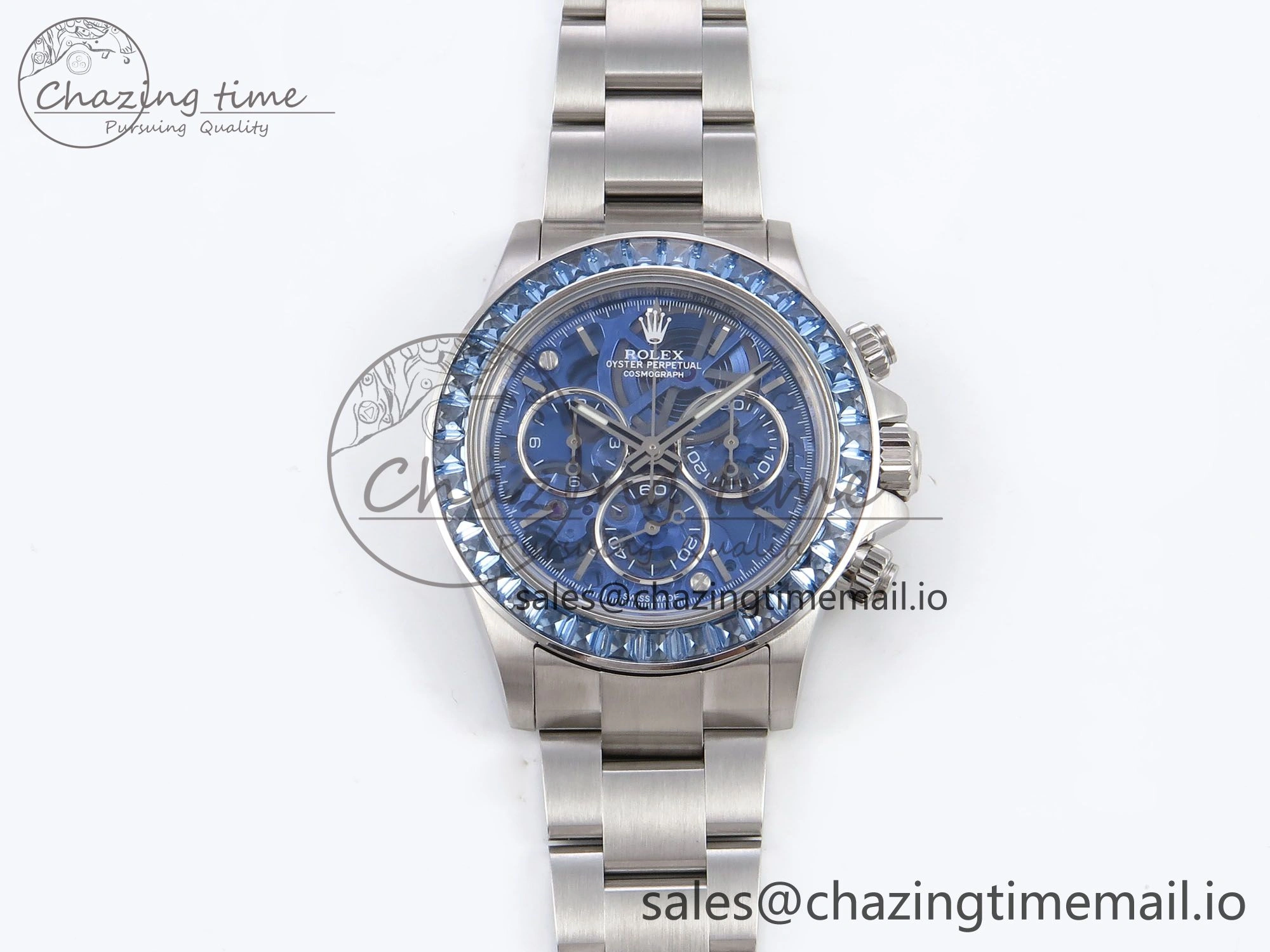 Minimalist Daytona Arolla N6F Glacial Blue Crystal Skeleton Dial Diamonds Bezel Best Edition on Oyster Bracelet SA 1176