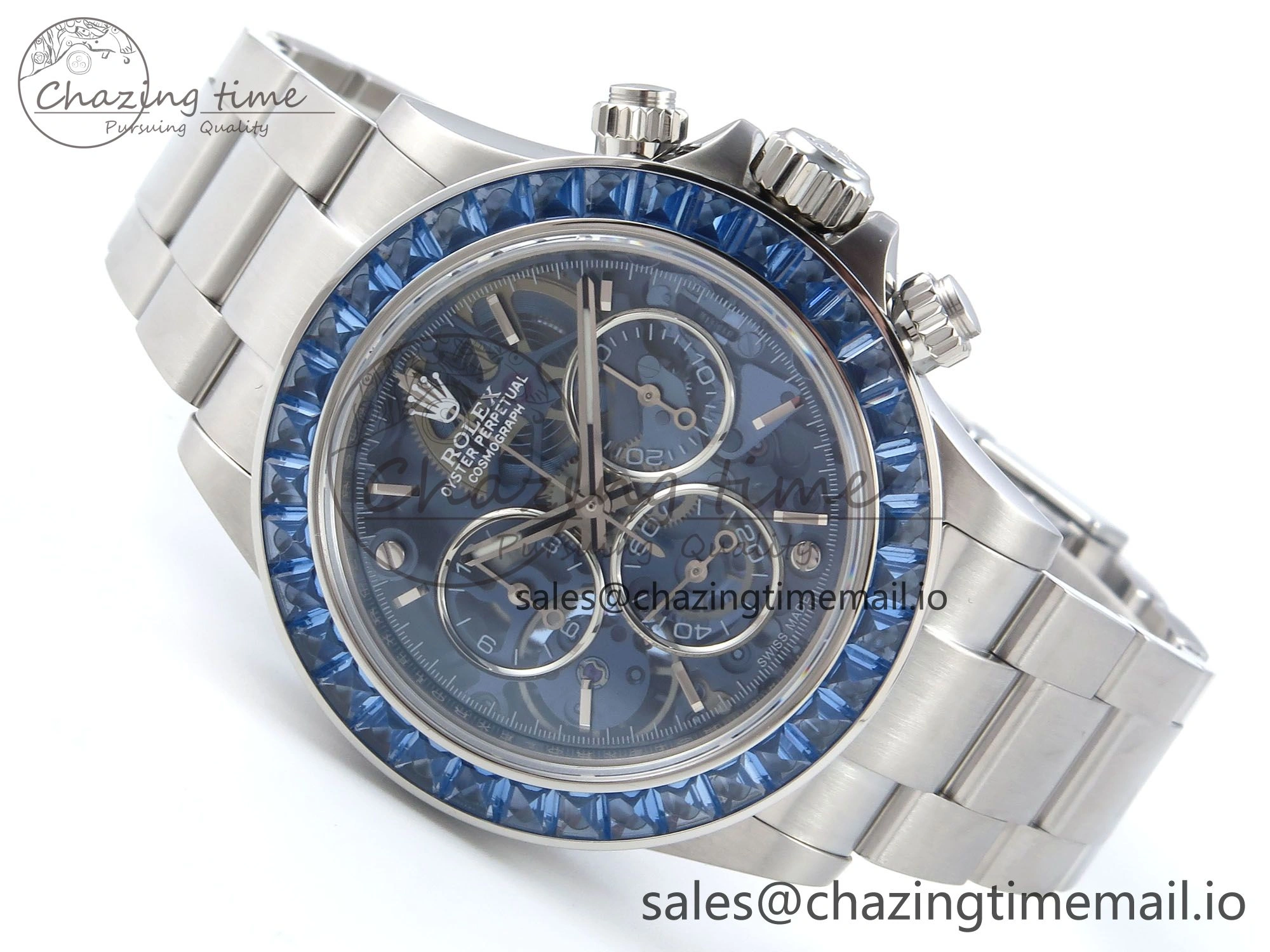 Packable Daytona Artisans SS GETF Best Edition Blue Skeleton Dial Diamonds Bezel on SS Bracelet DD 371