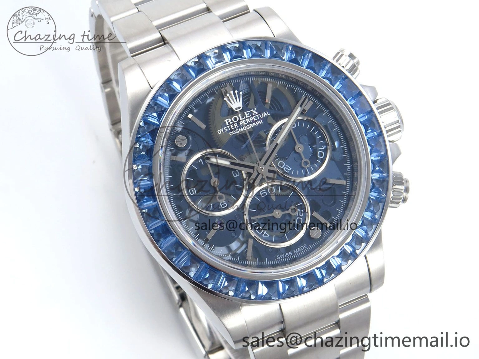 Packable Daytona Artisans SS GETF Best Edition Blue Skeleton Dial Diamonds Bezel on SS Bracelet DD 371